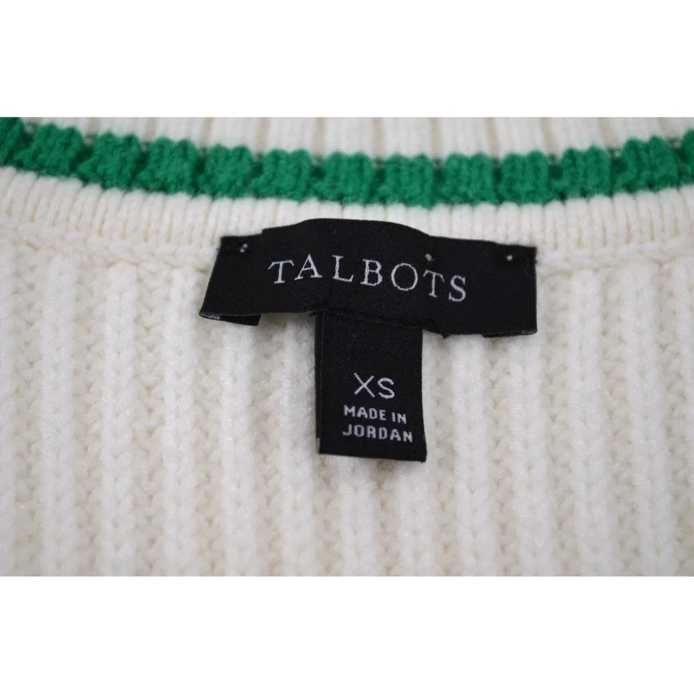 TALBOTS Sweater Vest Womens XS White Cable Knit V Neck Green Trim Preppy - Picture 12 of 13